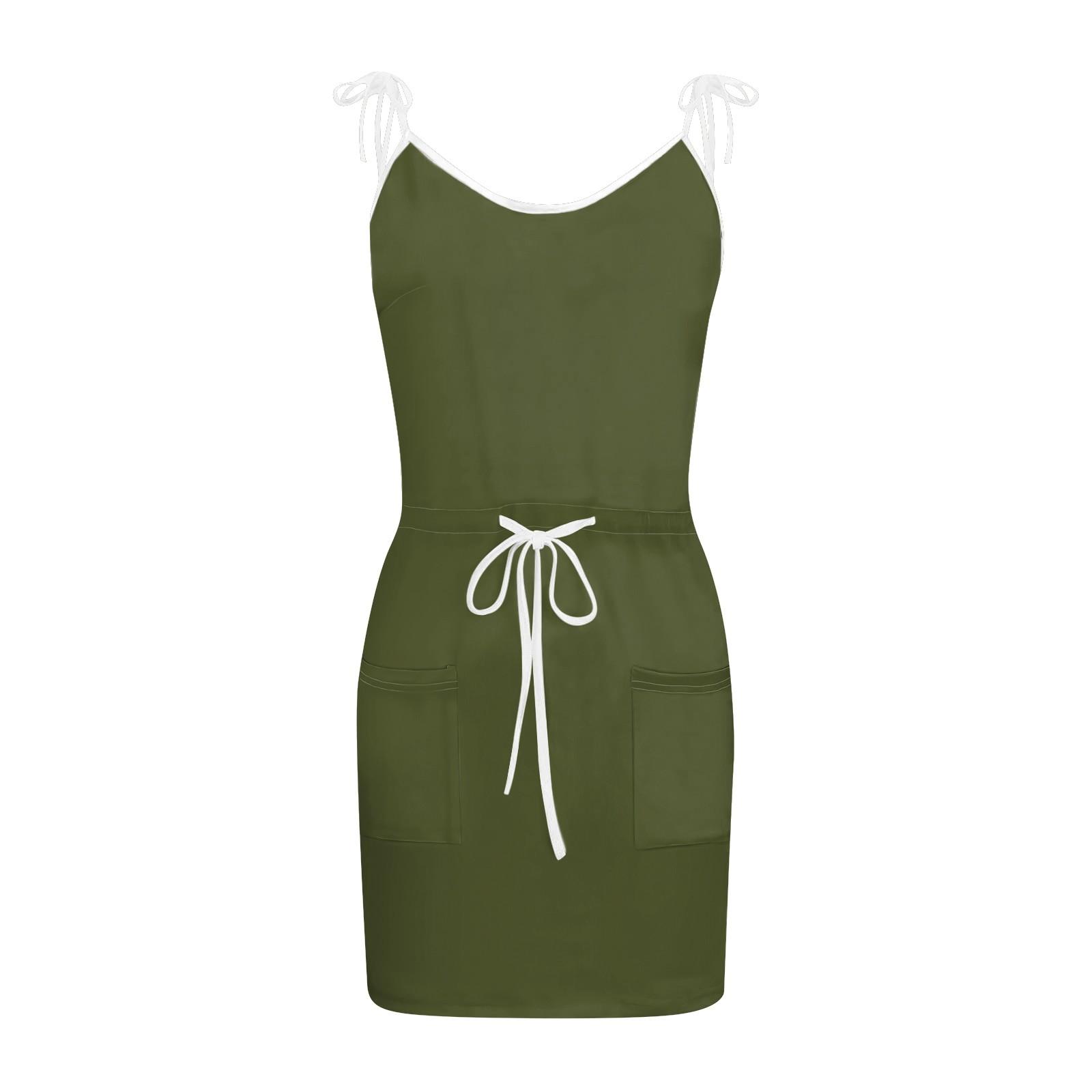 Женские летние однотонные свободные платья с v-образным вырезом на подтяжках и карманами — фото 4