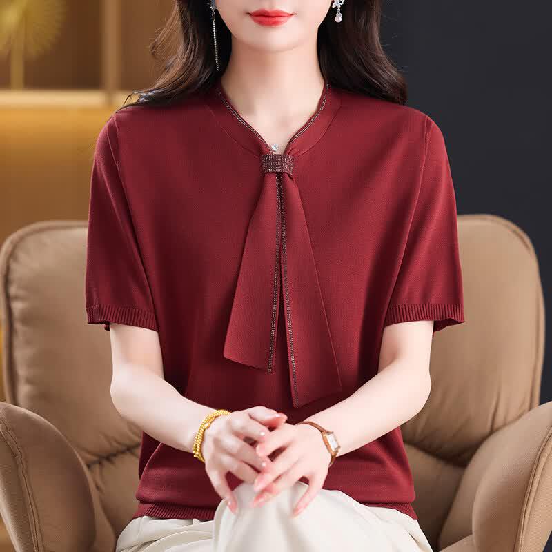 Hengyuanxiang Women's Elegant V-neck Short Sleeve Knit Top