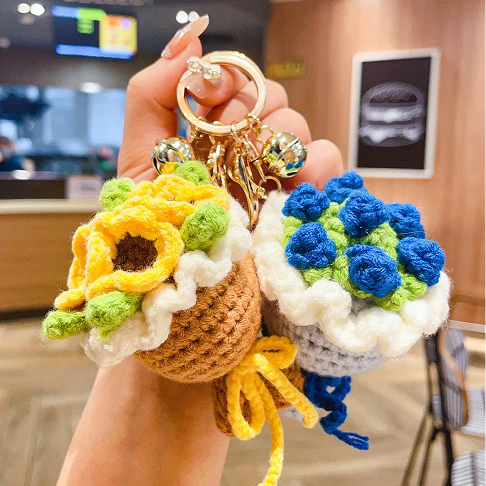 Hot Woolen Hand-Held Flower Sunflower Keychain Pendant Simulation Rose Handmade Crochet Ins Style Bag Hanging Accessory In Stock