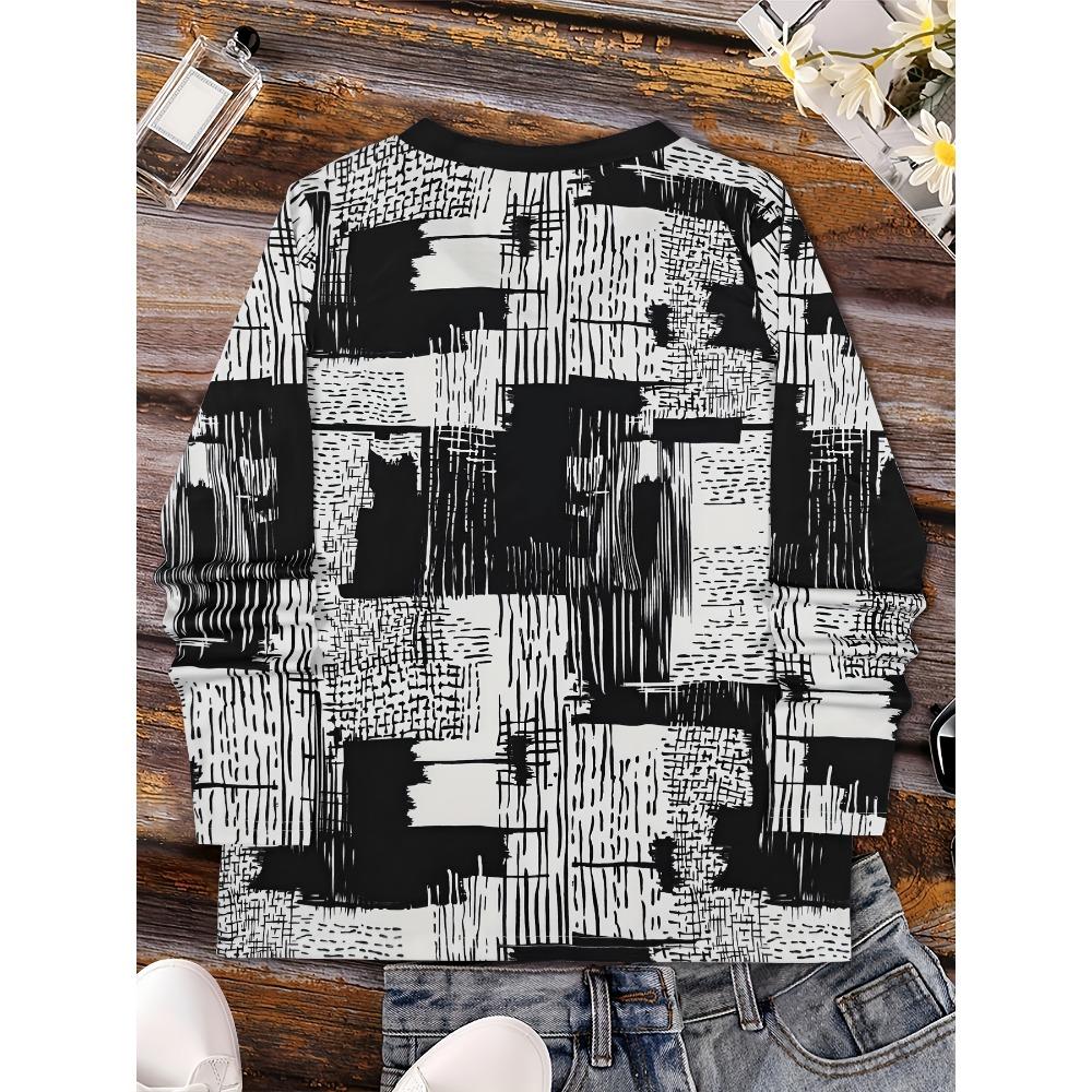 Abstract Painting Geometric Plaid V-neck Long-sleeved T-shirt, Casual Daily Long-sleeved Sports New Top