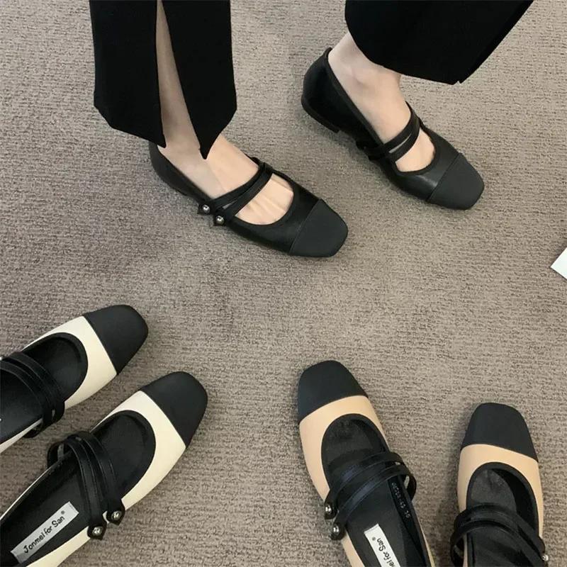 New Women's Flats Patchwork Double Buckle Shoes Black Toe Leather  For Female Spring Autumn Zapatos Mujer
