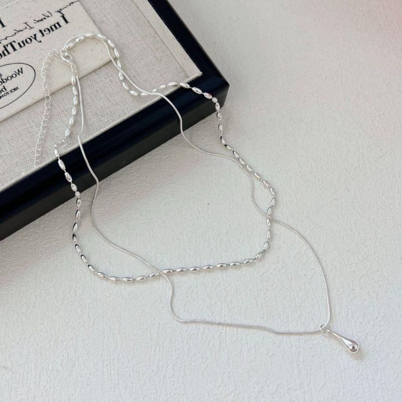 Double-layer water drop pendant necklace female niche design sense trendy high-end fashion daily simple rice bead collarbone chain