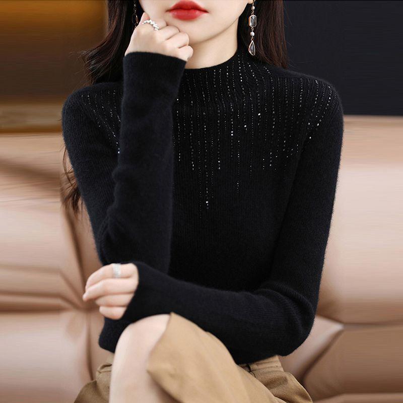Autumn and Winter Turtleneck Crystal Sweater Women All Match Long Sleeve Knitwear Woman Solid Knitted Pullover Ladies