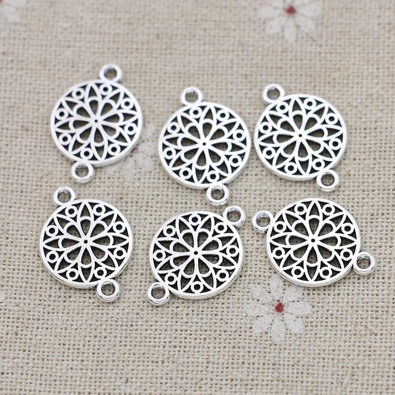 10Pcs Antique Silver Plated Round Flower Charm Connectors For Jewelry Making Bracelet Accessories Diy Findings