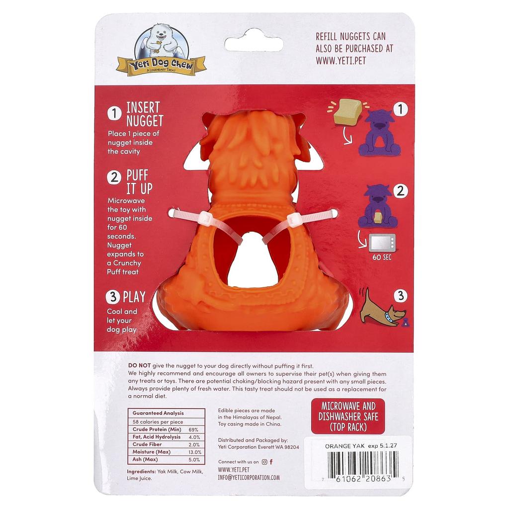 Yeti Dog Chew, Puff & Play, Treat Dispenser, Yeti Dog Chew Nuggets, Orange, 4 Nuggets, 1 Dispenser