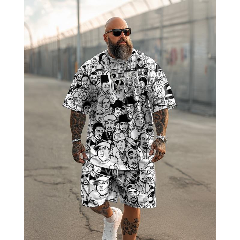 

Men s Plus Size Summer Casual Outfit - All Over Print Hip-Hop Legends Short Sleeve T-Shirt and Shorts Two-Piece Set S