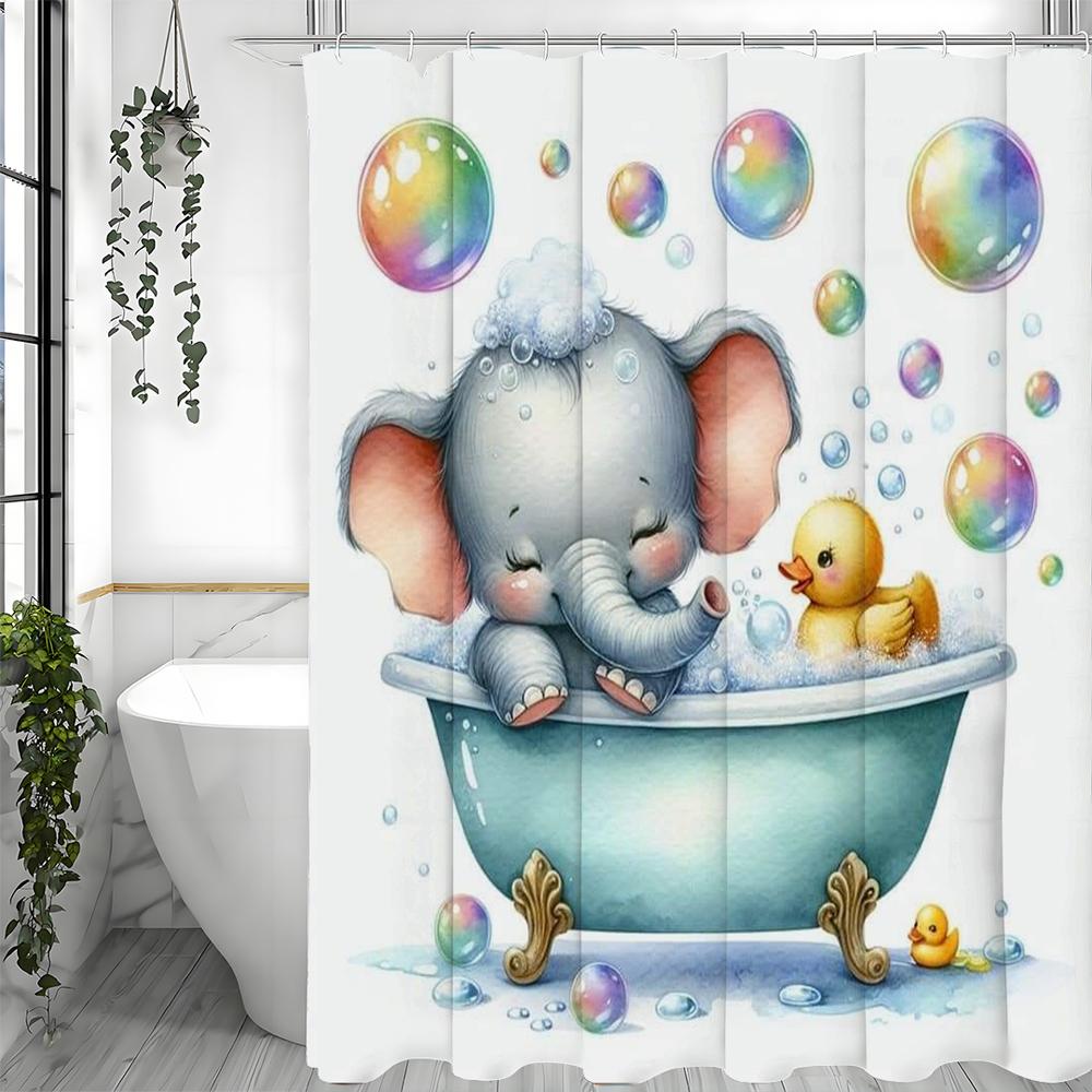 Little Elephant Bath Tub Yellow Duck Bubble Shower Curtain, Bathroom Decorative Shower Curtain, Waterproof Shower Curtain with H