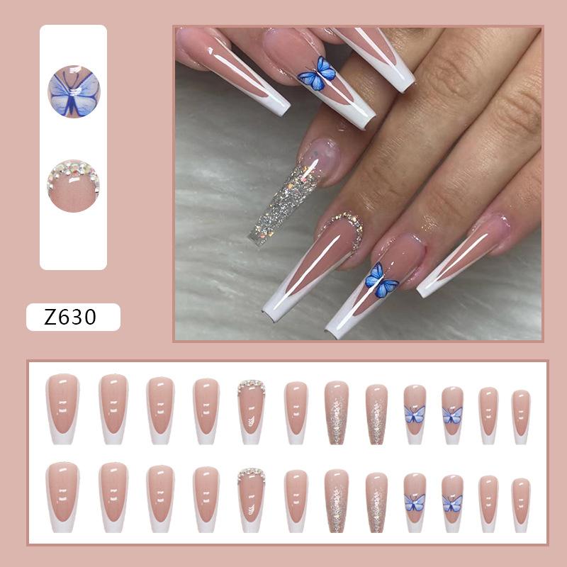 Long Ballet White French Cute Fresh Blue Purple Butterfly Flash Diamond Wear Nail Glitter Nail Art
