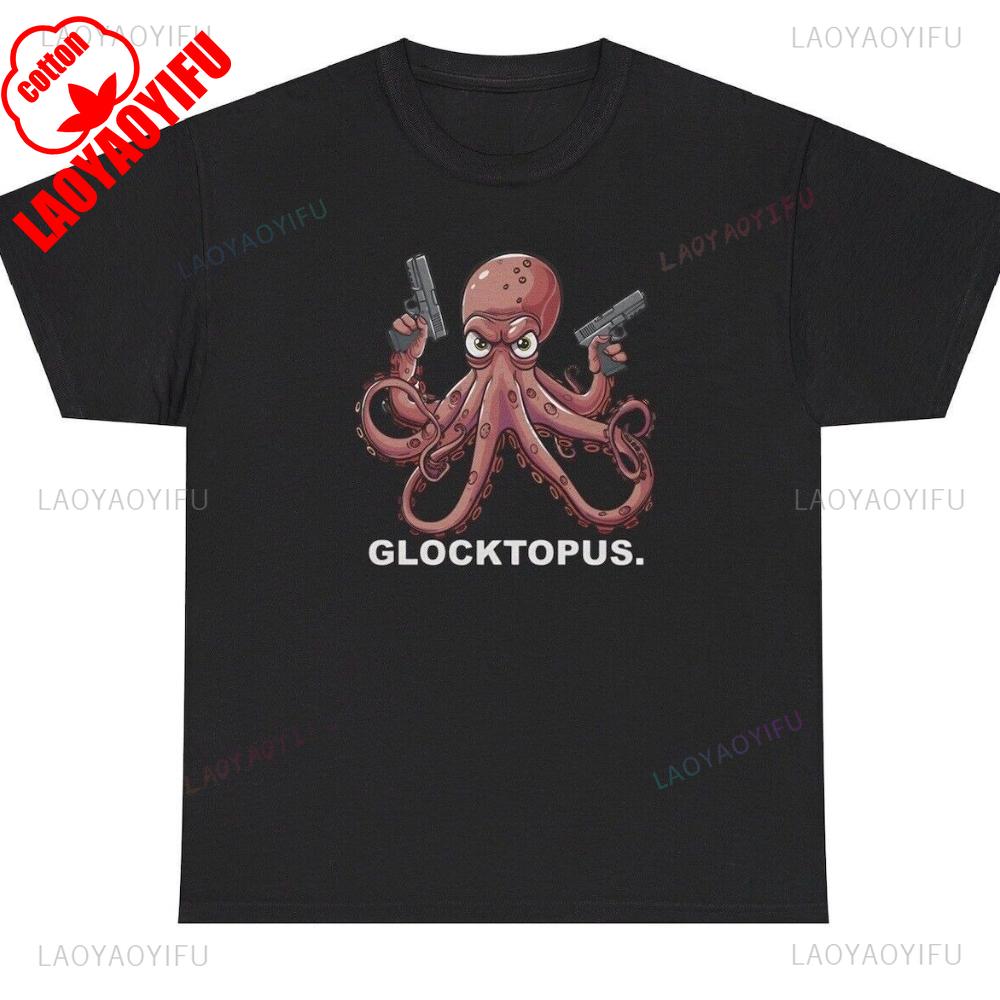 

Glocktopus Printed T Shirt Tops Funny Octopus Tentacles Hold Guns Tops Tee Shirt Unisex High Quality Cotton Summer Shortsleev 4XL