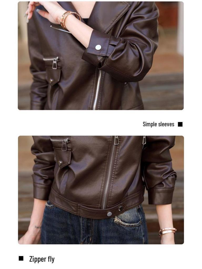 2025 Women's Petite PU Leather Short Motorcycle Jacket, Spring/Autumn Casual Style with Suit Collar.