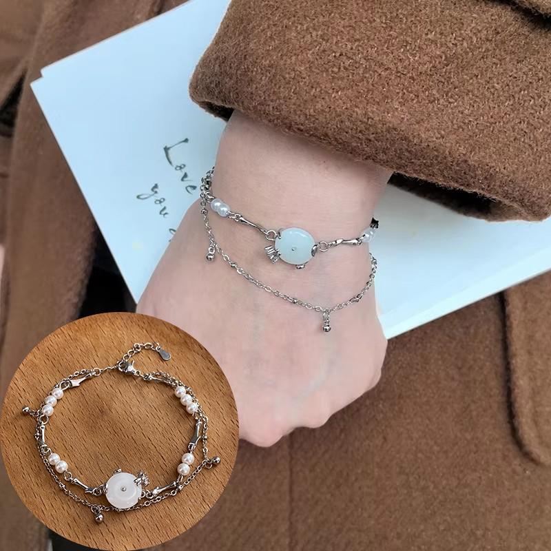 

Sliver-Plated An Jade Bell Bracelet For Women Girl Double Layer Pearl Irregular Simple Jewelry Gift