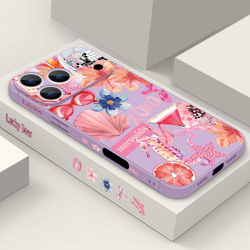 For iPhone 17 Pro Max Case Pink Cartoon Floral Pattern Soft Silicone Lanyard Cover For iPhone 16 Pro Max Cover iPhone 15 14 13 12 11 16E Air