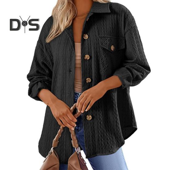 

Женская рубашка с лацканами, длинным рукавом, карманом-клапаном, однобортная однотонная рубашка с перекрученной текстурой, свободная рубашка, куртка XL чёрный