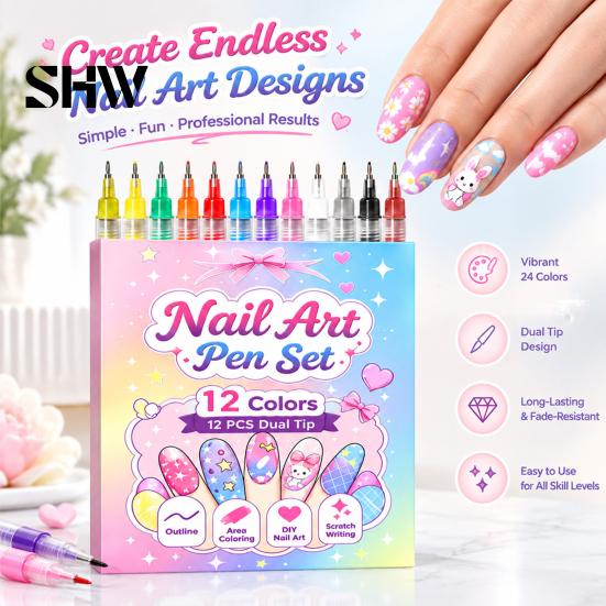 Dual Tip Nail Art Tools 12Pcs Markers for Girls, 12 Colors Markers, Broad & Fine Creative Beauty Crafts Kids Polish Pens, Quick Dry DIY Manicure