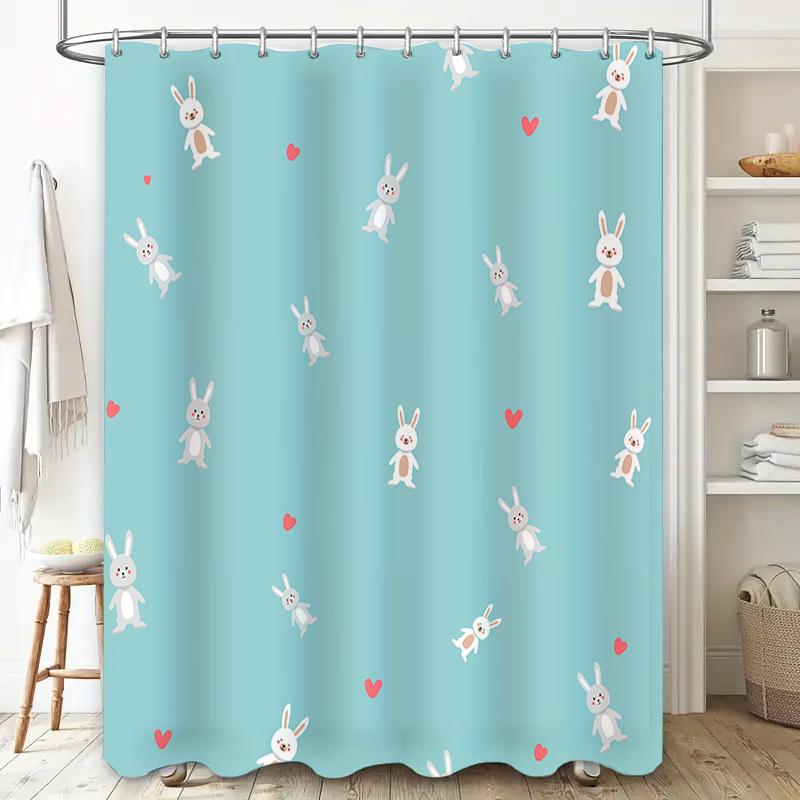 Bright Blue Shower Curtain with Cute Rabbit Design for Bathroom Decor Waterproof Fabric, Hook Included (180 x 240cm)