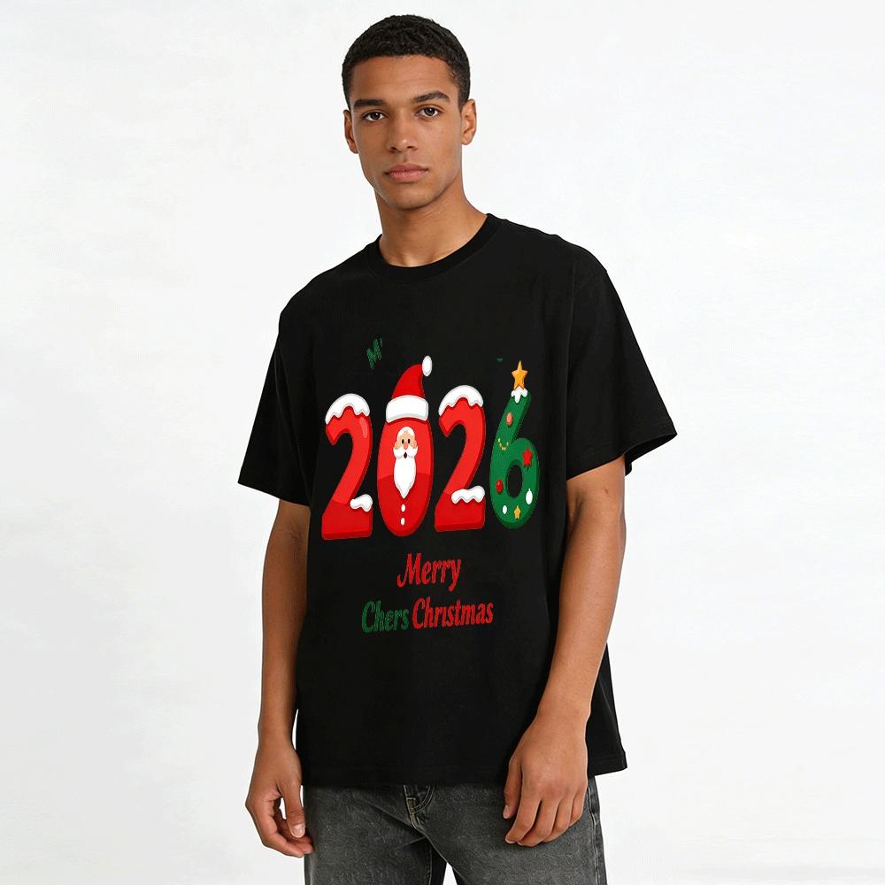 2026 Christmas Themed Print Top Festive Vibe Casual Pullover Pure cotton T-shirt