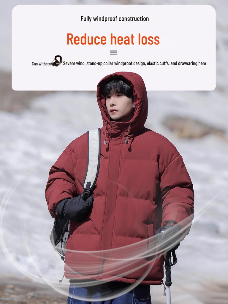 Men's Winter Solid Color Hooded Cotton Jacket - Loose, Casual, Warm Outerwear for Teens