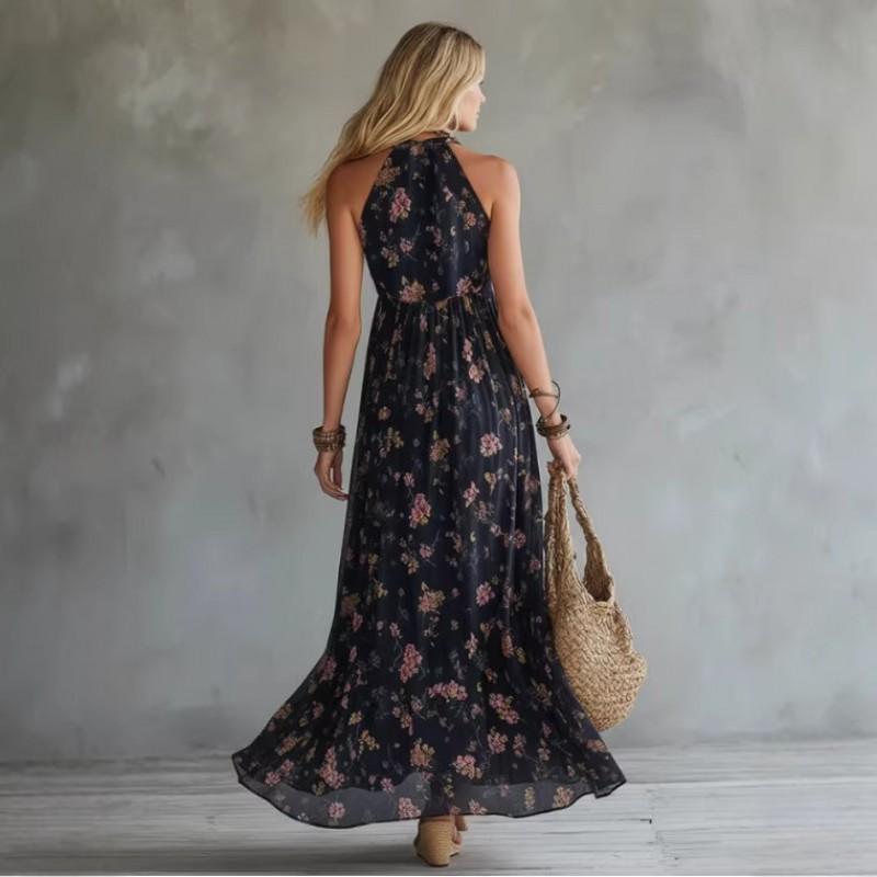 V-Neck Sleeveless Maxi Dress Black Floral Print Chiffon High Waist Elegant Commuter Style