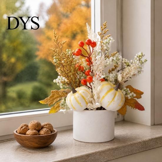 Small Potted Plant for Fireplace Fall Pumpkin Flower Arrangement, Artificial Maple Berry Autumn Table Centerpiece Thanksgiving, Harvest Home Tabletop