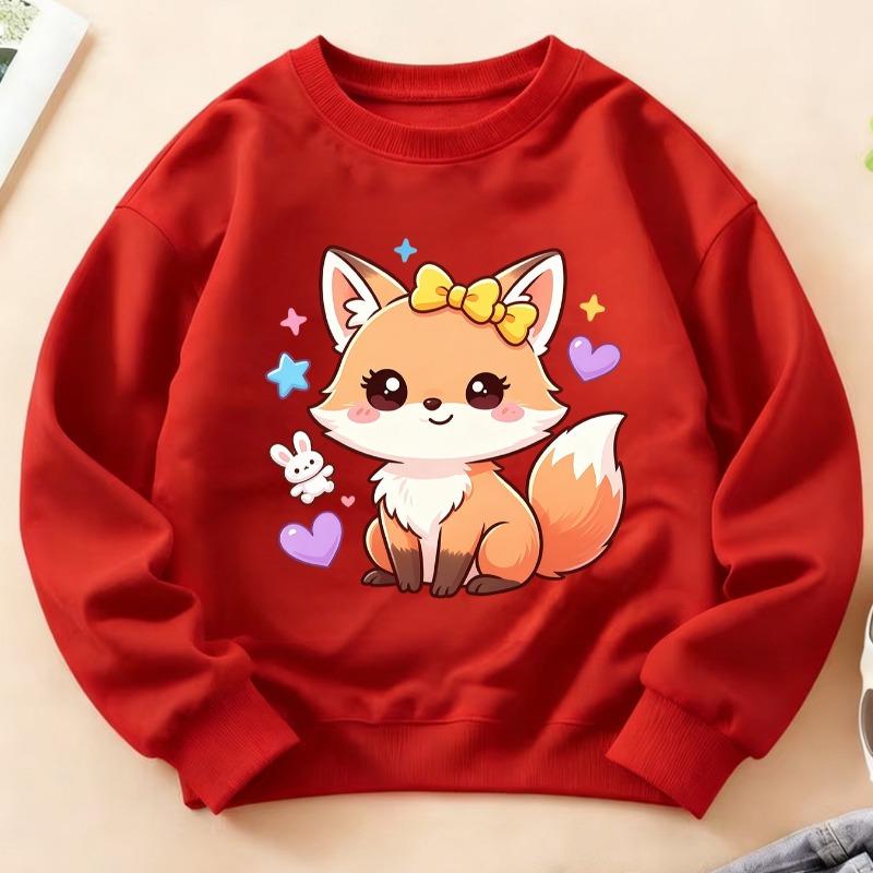 Kids Crewneck Long Sleeve Sweatshirt, Soft Cute Healing Bow Little Fox Print, Warm Comfortable Top