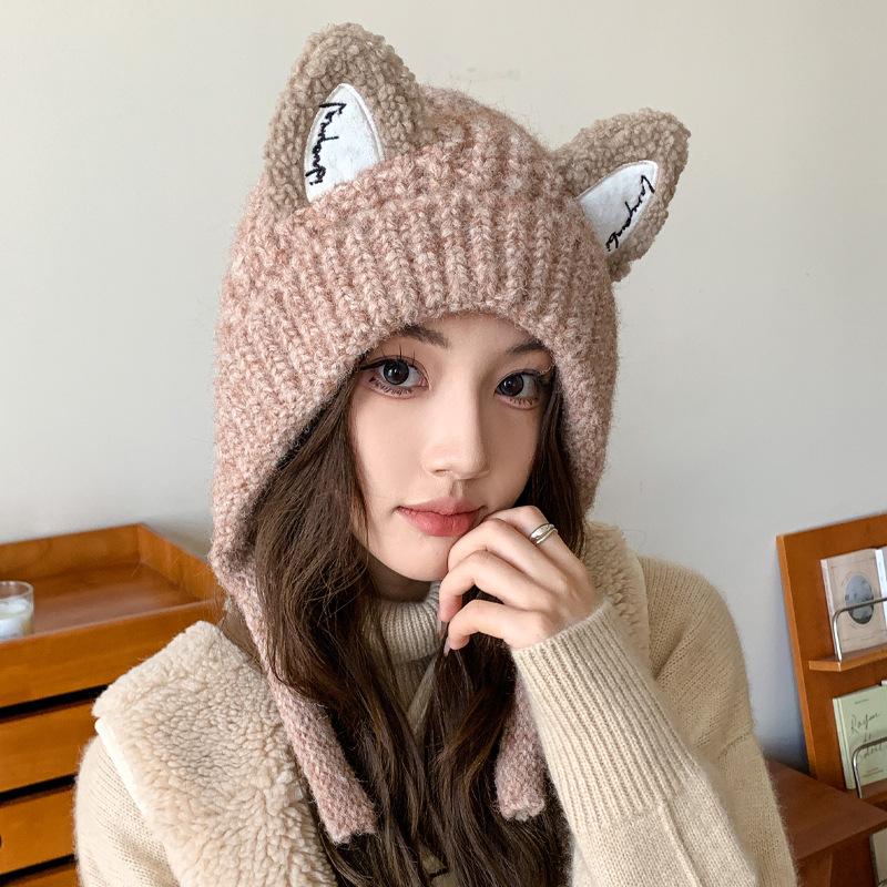 Autumn and winter cute fox ears knitted wool hat children warm braids straps ear protectors show face small cold hat