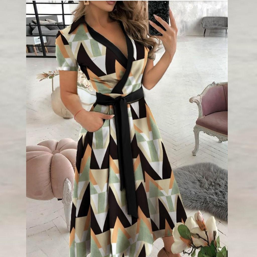 Fashion Women's Casual Lapel Printed Short Sleeve High Waist Dress Long