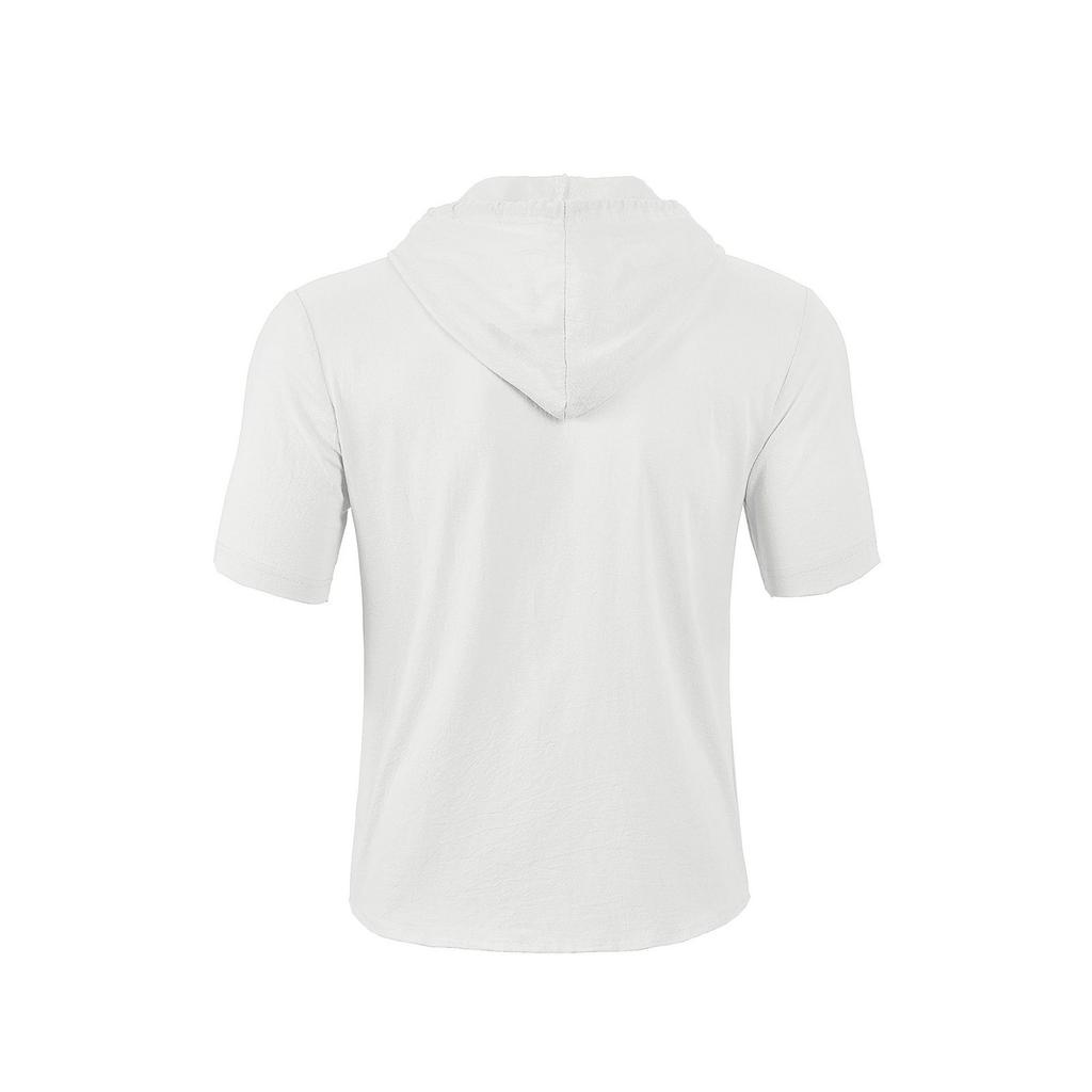 Men's Solid Color Cotton And Linen Short-sleeved Shirt Cardigan Loose Hooded Top