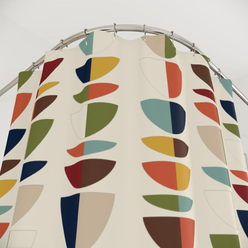 Mid-Century Modern Shower Curtain - Retro Geometric, 50s MCM, Teal, Green, Mustard & Rust, Quirky Bath Decor