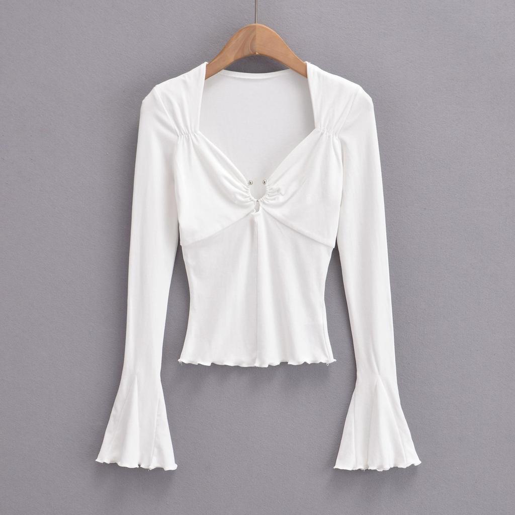 2023 Hot Girl Square Neck Metal Ring Hollow Long Sleeve Top - Sexy Clavicle Exposed Slim Fit Autumn Shirt with Flared Sleeves