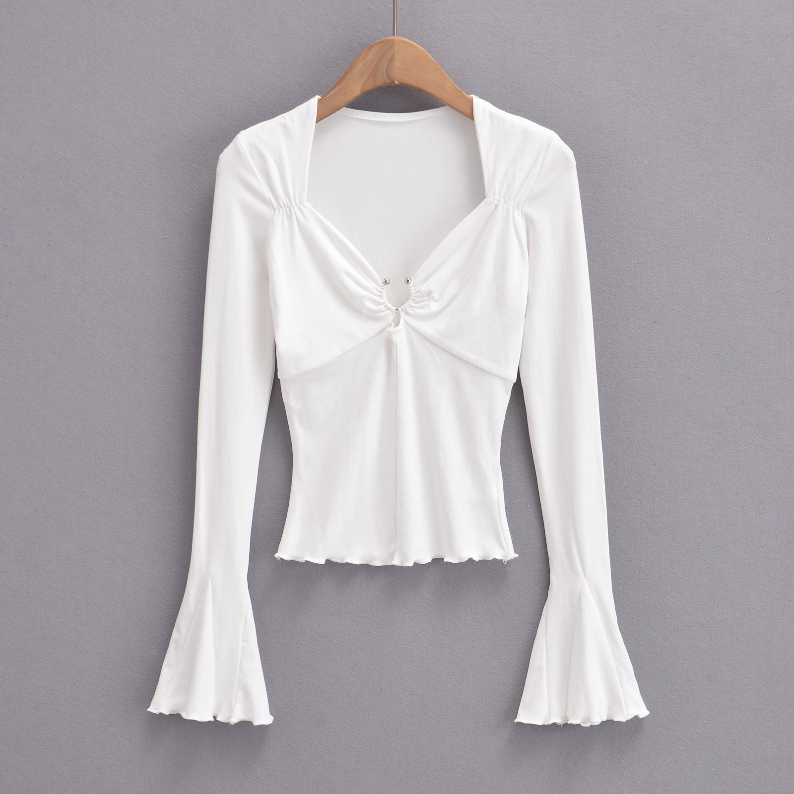 

2023 Hot Girl квадратный вырез с металлическим кольцом и длинными рукавами - сексуальная облегающая рубашка с открытыми ключицами и расклешенными рукавами Medium белый