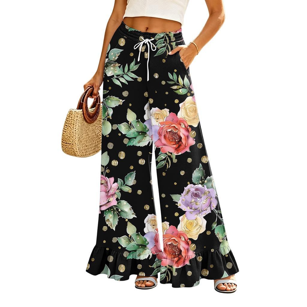 Women's Wide Leg Pants with Pockets High Waist Drawstring Casual Loose Fit Long Trousers Floral Print Lightweight Soft Fabric