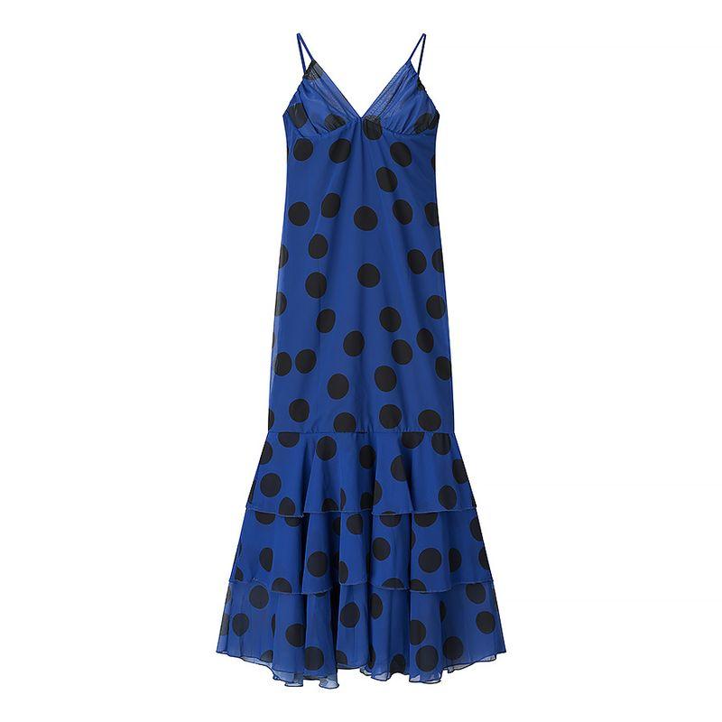 Summer New Product Women's Clothes French Sexy Wind Chiffon Polka Dots Ruffles Laminated Decoration Long Braces Dress