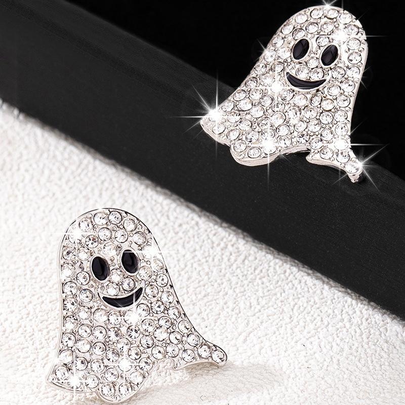 2pcs Vintage-Inspired Cute Metal Ghost Earrings with Sparkling Rhinestones - Perfect for Halloween,Graduation,and Party Fun