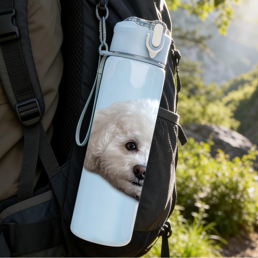 1PC White Fluffy Puppy Dog Print 750ml Color Plastic Sports Water Bottle Leakproof Flip Straw Lid Suitable for Sports Office Home Use
