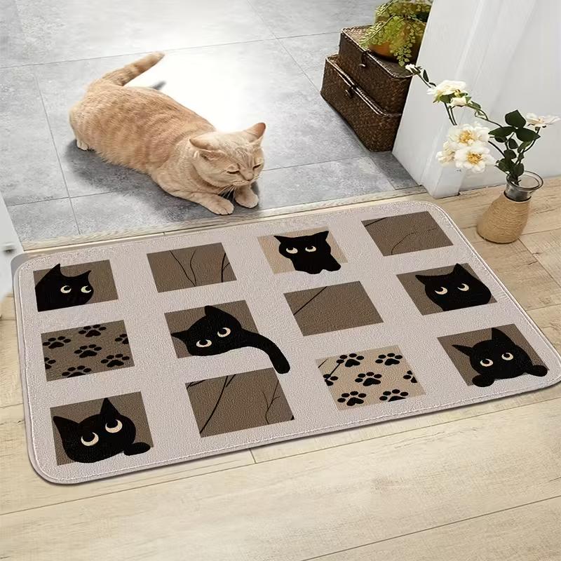 1/2pc Cartoon Cat Check Print Floor Mat, Non-Slip And Dirt-Proof, For Hallway, Kitchen, Bathroom, Home Decoration Carpet