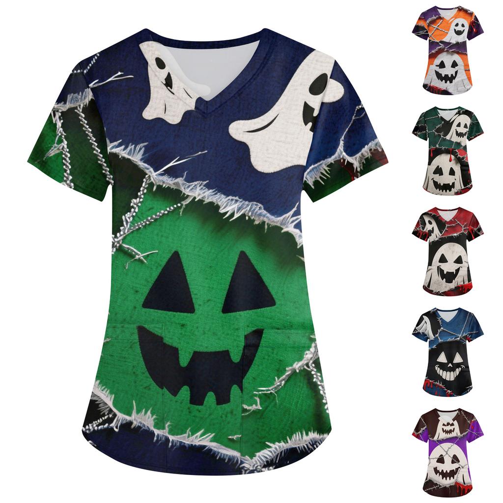 Women's Printing Uniform Work Uniform V-neck Pockets Basic Short Sleeve Pullover Top