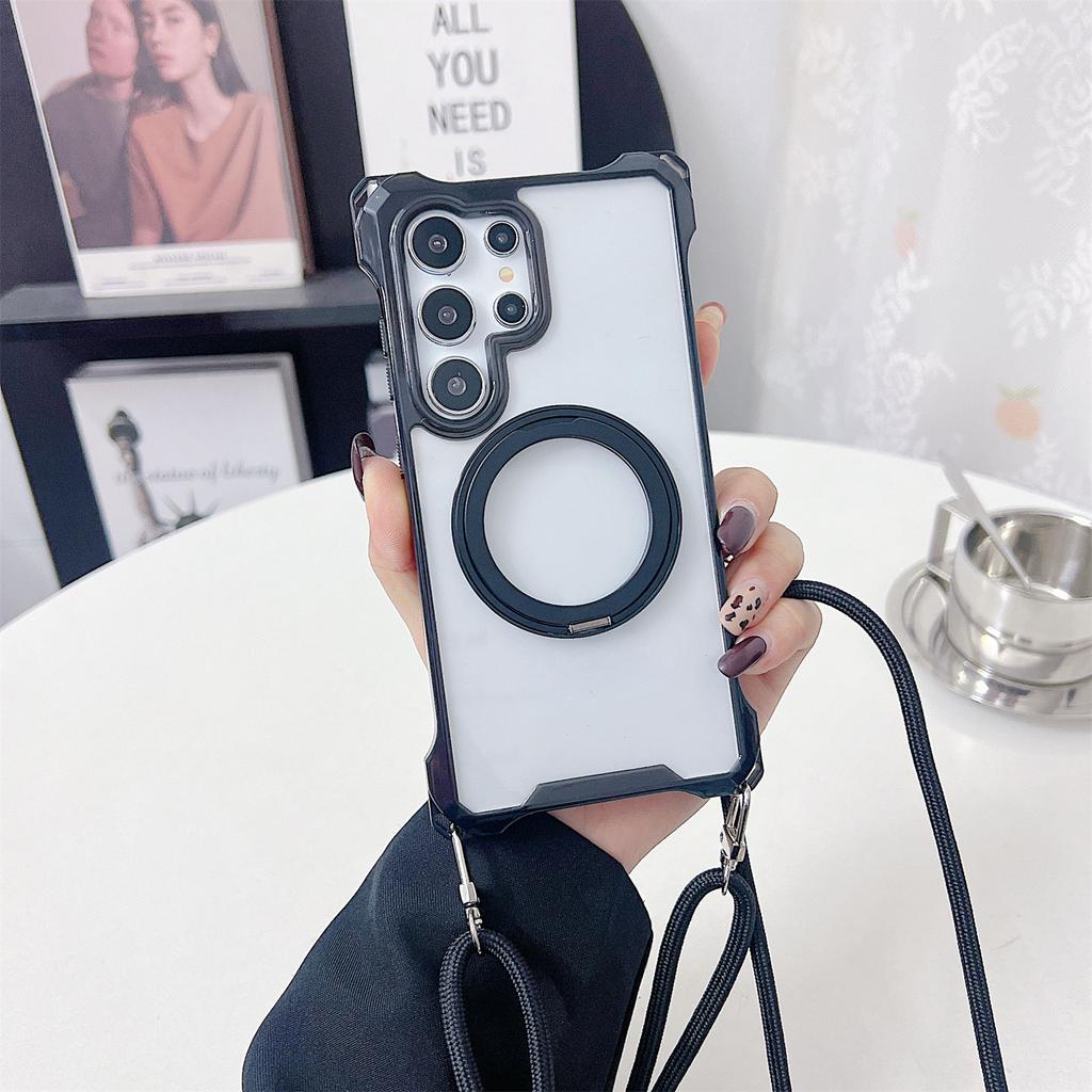 For Samsung Galaxy S25 Ultra Magnetic Case Ring Kickstand TPU+PC Phone Cover with Lanyard
