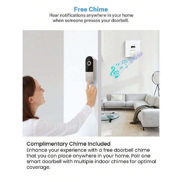 1080P Video Doorbell Camera Wireless With Free Chime, Smart AI Human Detection, Night Vision, 2-Way Audio, Battery Powered, Cloud Storage, 2.4G WiFi,