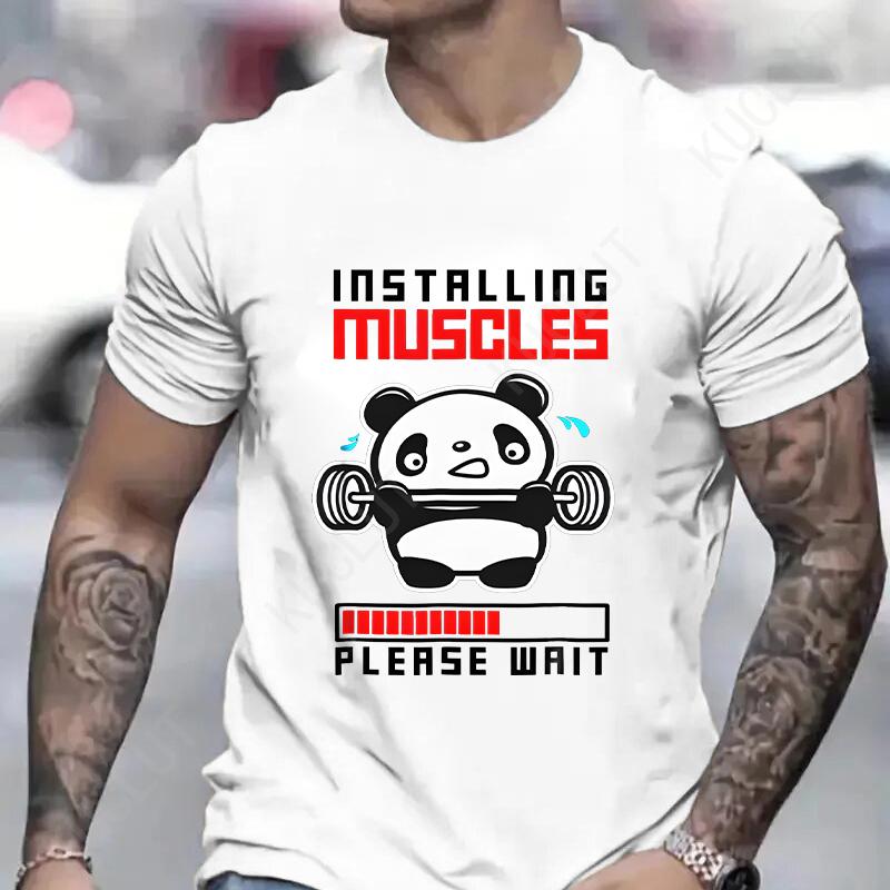 Funny Panda Gym Print T-Shirt Summer Tees for Men Women O-neck Casual Short Sleeve Weightlifting Installing Muscles Fashion Tops