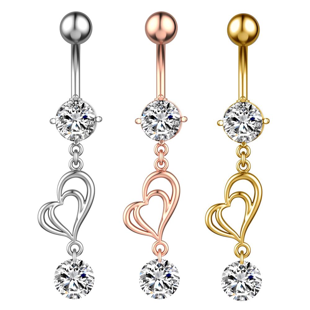 Butterfly-bow Dangled Navel Ring Piercing 14G Flower Heart Crystal CZs Belly Button Ring for Women Stainless Steel Belly Jewelry