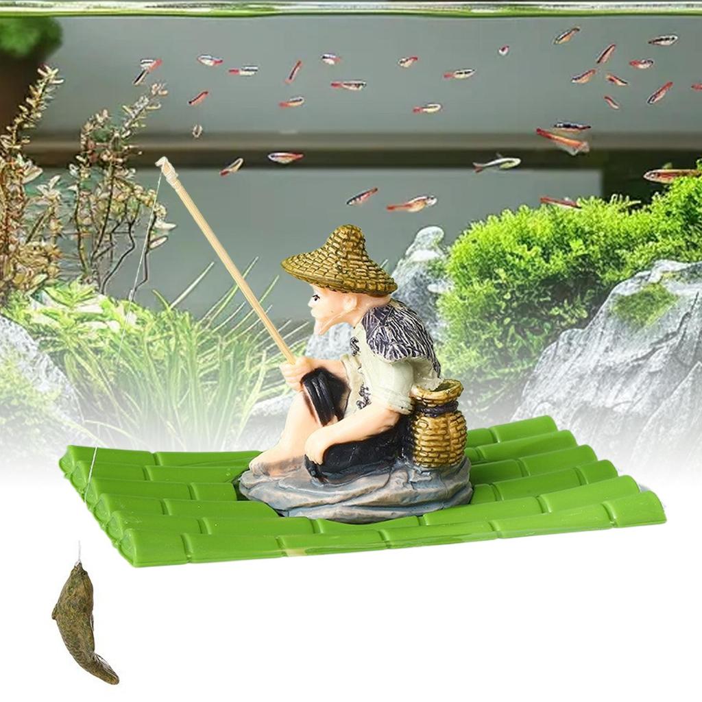 Fish Tank Decorations Realistic Floating Fishing Old Man Bamboo Raft Ornament Fishing Aquarium Betta Tank Landscaping Decoration
