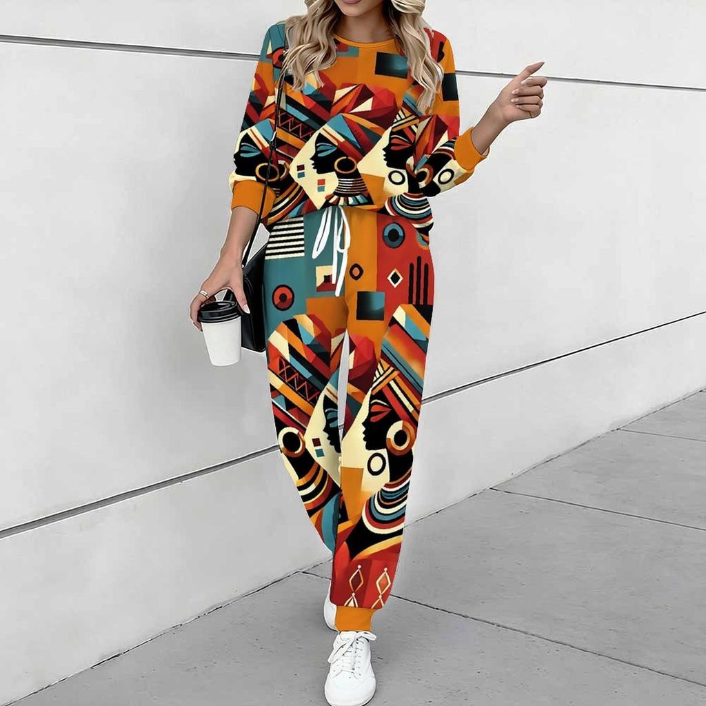 Women Geometric Pattern Print Two Piece Outfit, Long Sleeve Crew Neck Top & Drawstring Jogger Pants Casual Tracksuit for Spring Autumn