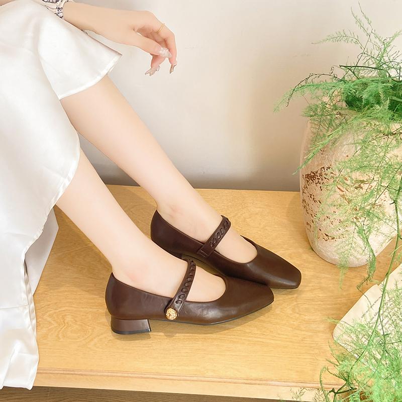 Low Heel Single Shoes Women's Fashion Square Toe Shallow Mouth One Strap Soft Sole Anti-slip Wear-resistant Low Top Shoes