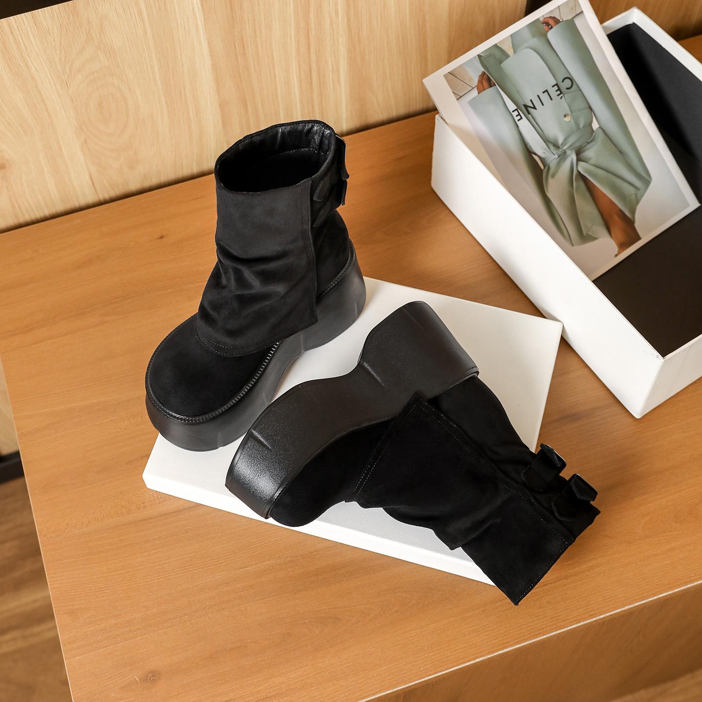 

2025 Women s Mid-Calf Suede Platform Boots with Height-Increasing Sole 36