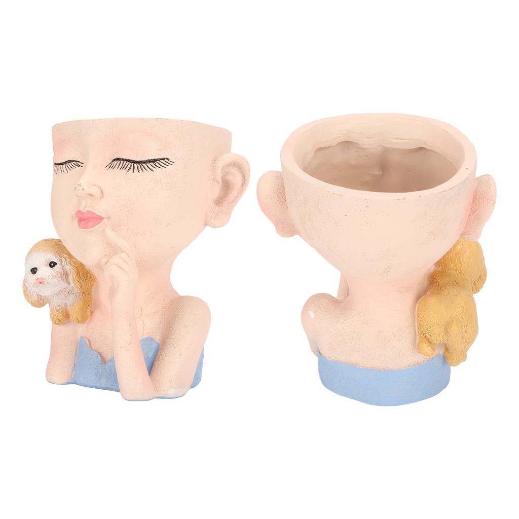 Blomkruka Flicka och Hund Söt Stil Dräneringshål i Botten Dekorativ Harts 12.5x11x14cm Skrivbordsplanteringskruka