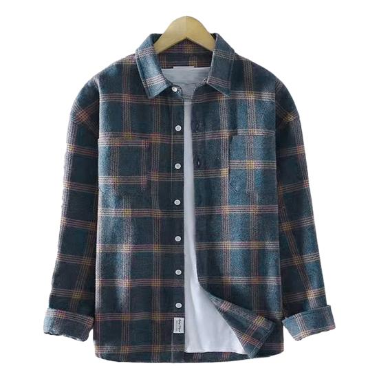 

Мужская повседневная клетчатая рубашка, весна-осень, отложной воротник, застежка на пуговицы, мягкая мужская толстовка обычного кроя, топ с длинными рукавами, мужская одежда L темно-синий