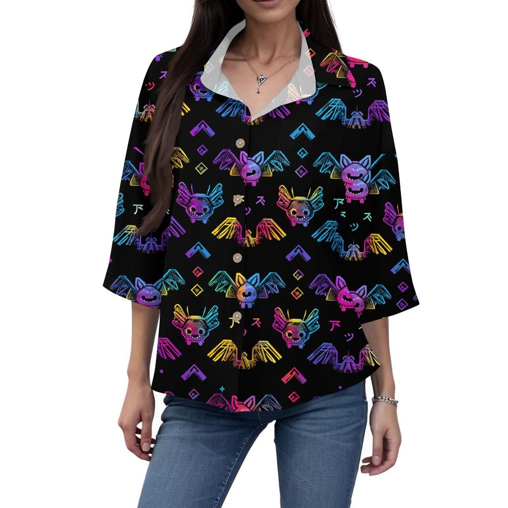 Women's Casual Printing Button-down Shirt Three-quarter Sleeve Dress Shirt Lapel Work Shirt With Pockets