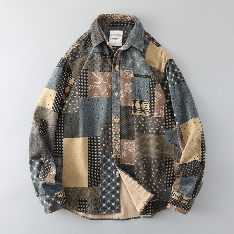 Japanese Vintage Long Sleeve Casual Export Export Shirt Splicing XL