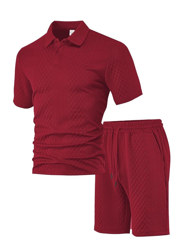 TK Hot Sale Men's Casual Suit Lapel Jacquard Textured Short Sleeve POLO Shirt Drawstring Pants Suit