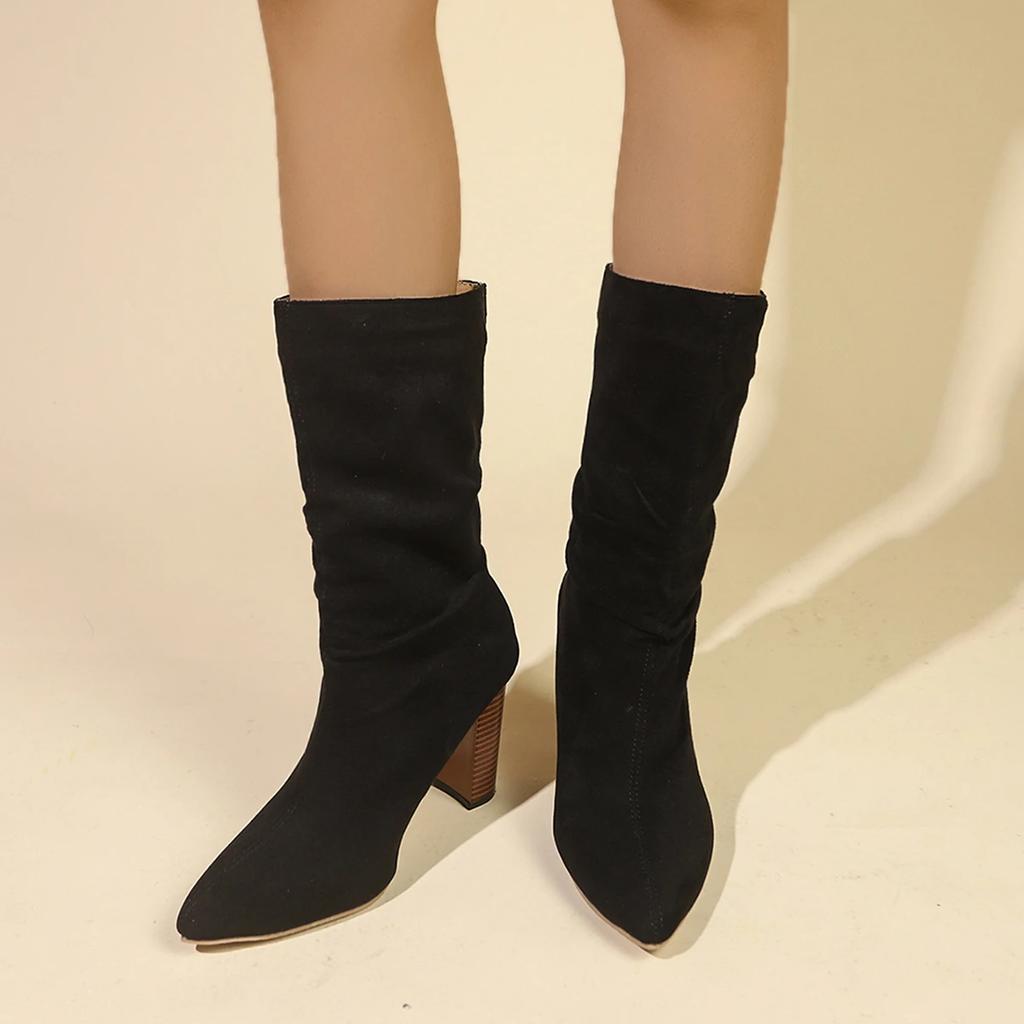 2024Autumn/Winterside Zipper Over Knee Boots High Heel Round Head Abrasive Leather Thick Heel Large Size Zipper Thigh-high Boots